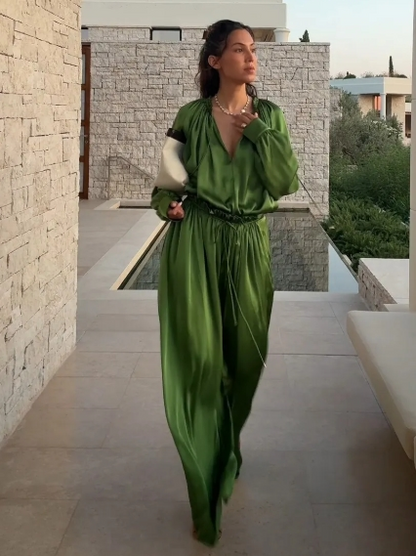 Perpetua satin blouse and wide-leg pants set, view 4