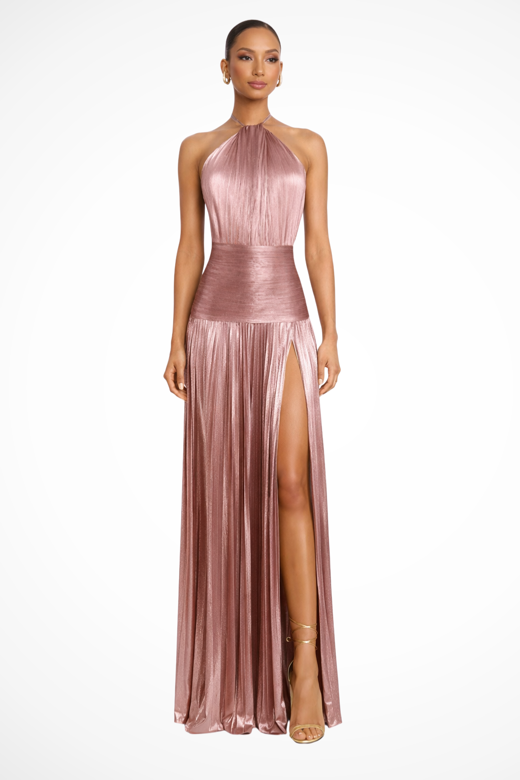 Harlow | Halter Pleated Satin Maxi Wedding Guest Dress