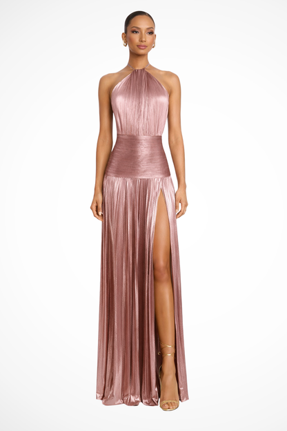 Harlow | Halter Pleated Satin Maxi Wedding Guest Dress