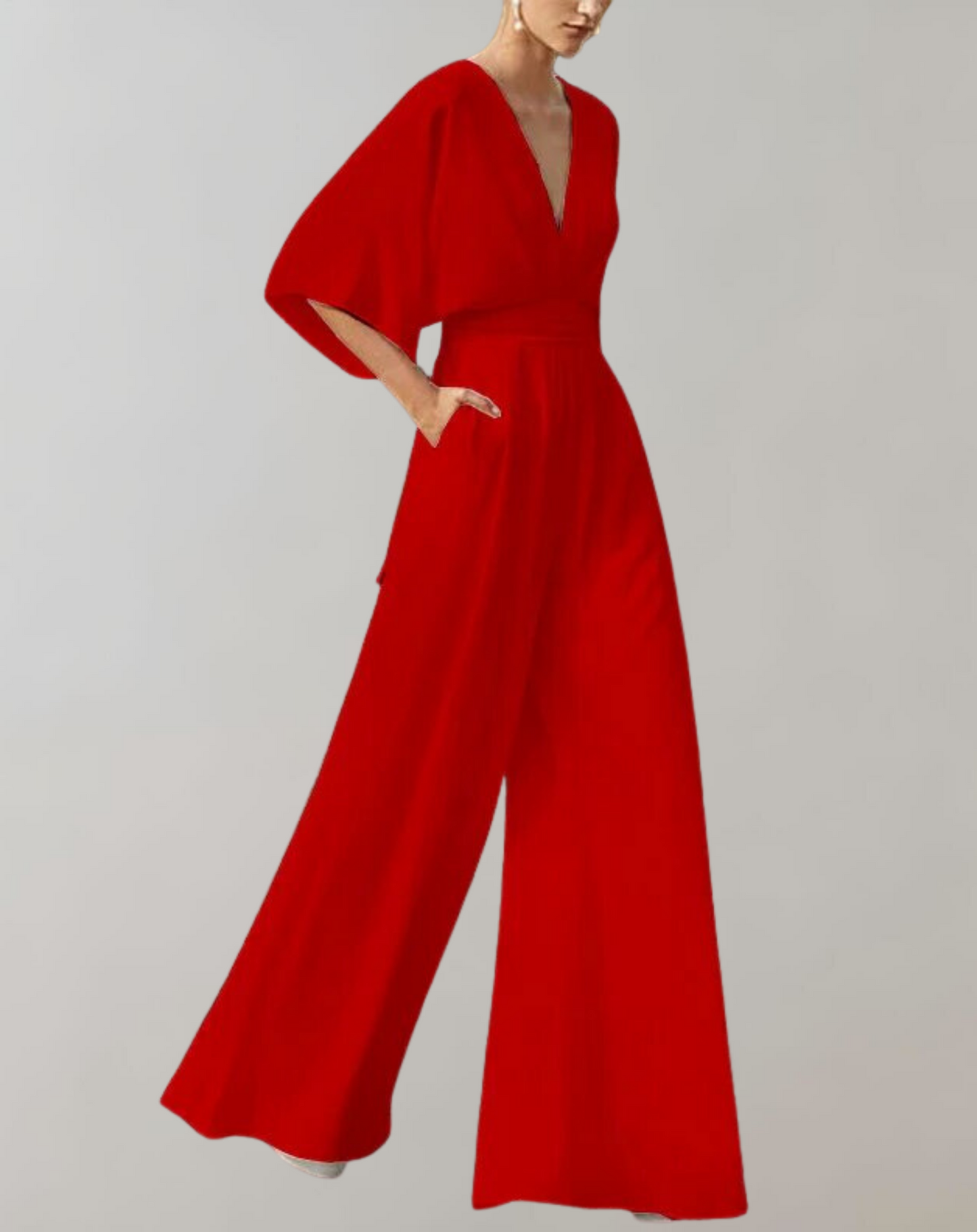 V-neck jumpsuit showing wide-leg cut