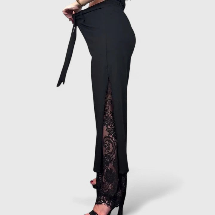 Sheer lace accent wide-leg trousers close-up