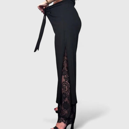 Sheer lace accent wide-leg trousers close-up