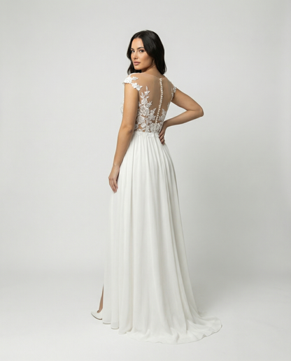Lace bodice maxi dress in white, back view
