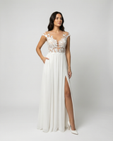 Lace bodice maxi dress in white with side slit, front view