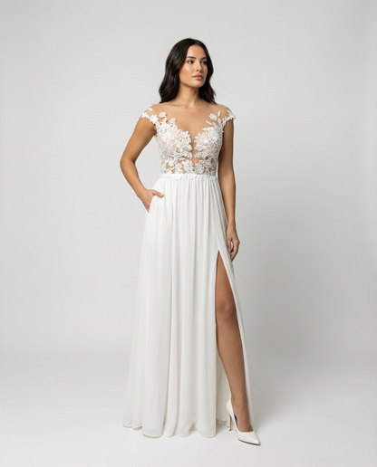 Lace bodice maxi dress in white with side slit, front view