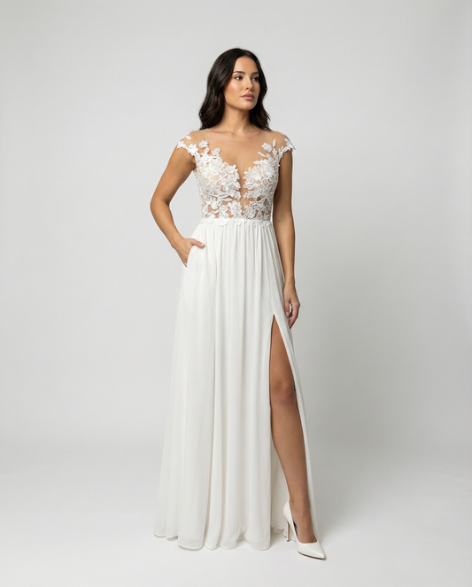 Lace bodice maxi dress in white with side slit, front view