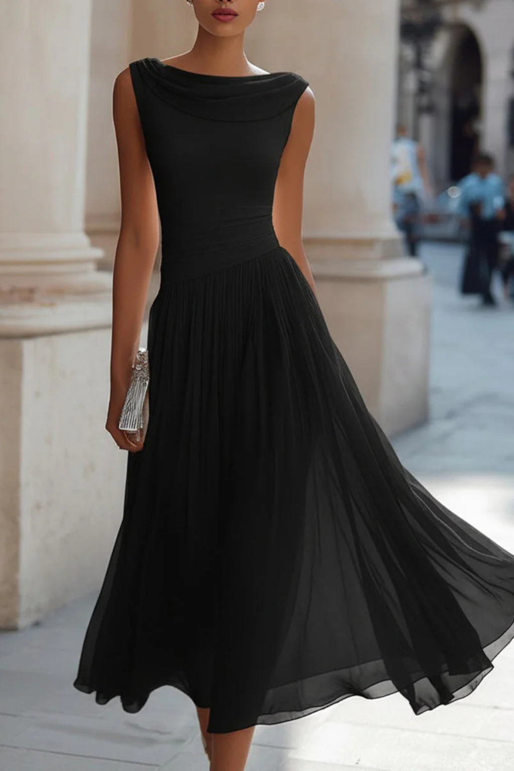 Vivielle | Draped Pleated Midi Wedding Guest Dress