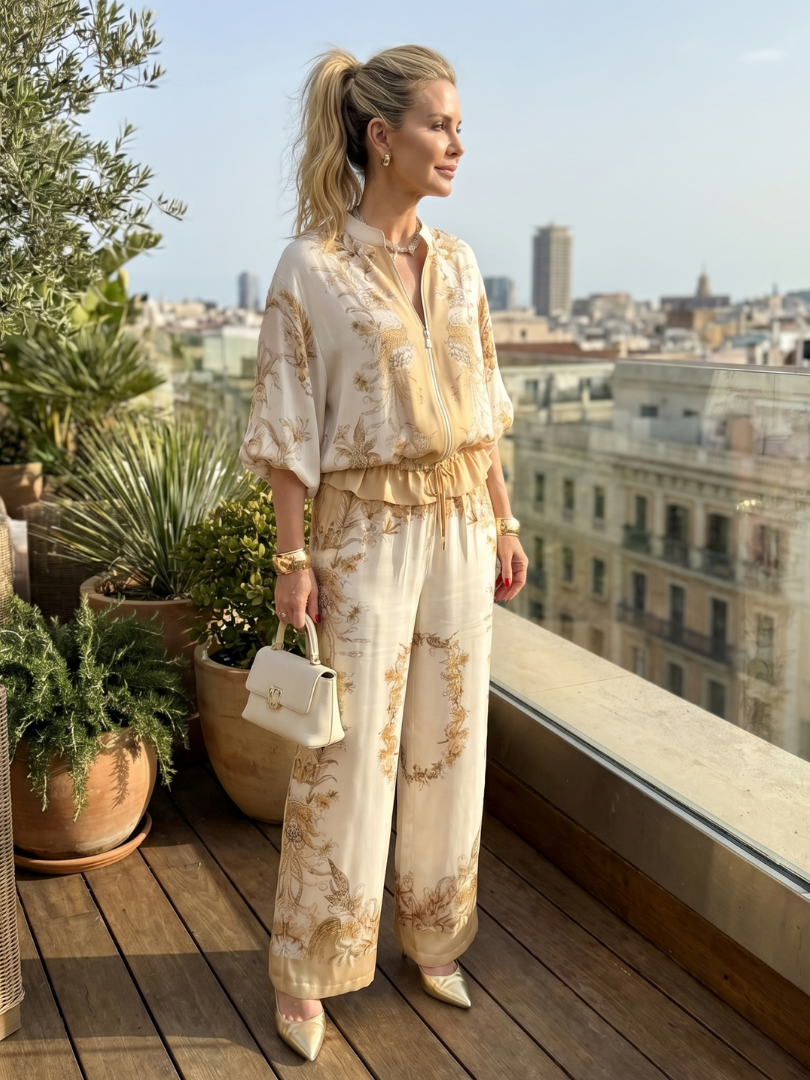 Zip-front blouson two-piece set, detail view