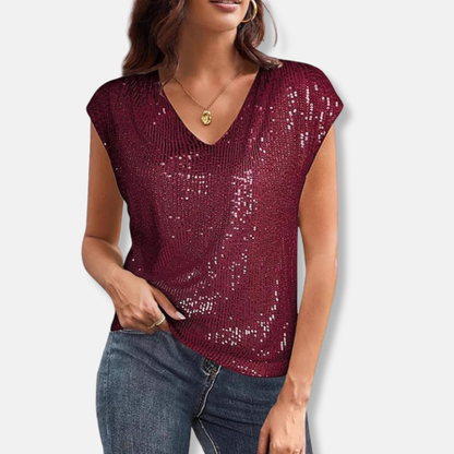 Liora | Sequin V-Neck Cap Sleeve Sparkly Top