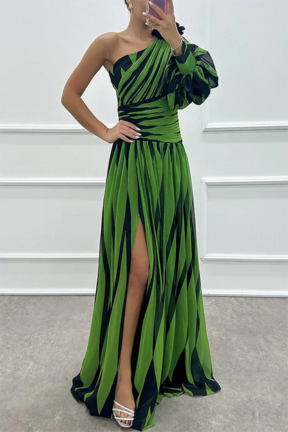 Coraline | Striped One-Shoulder Asymmetric Maxi Wedding Guest Dress