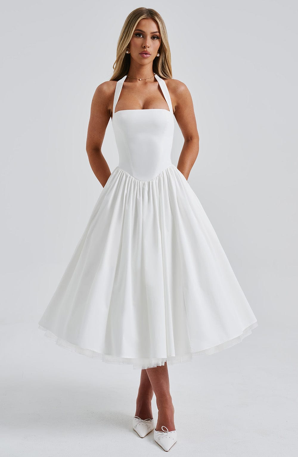 Halcyon | Halter Neck Open Back Midi Wedding Guest Dress