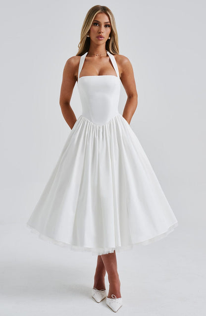 Halcyon | Halter Neck Open Back Midi Wedding Guest Dress