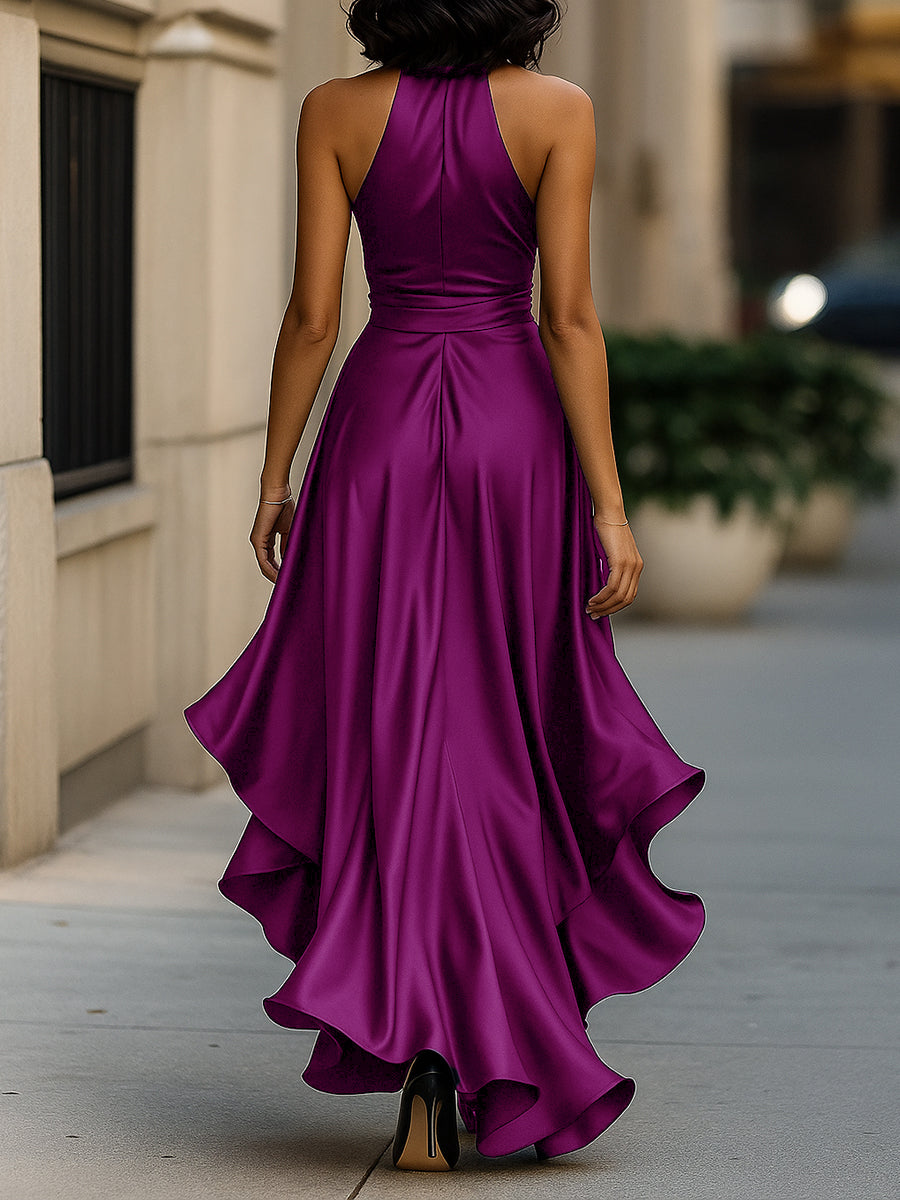 Satin high-low ruffle gown, further angle