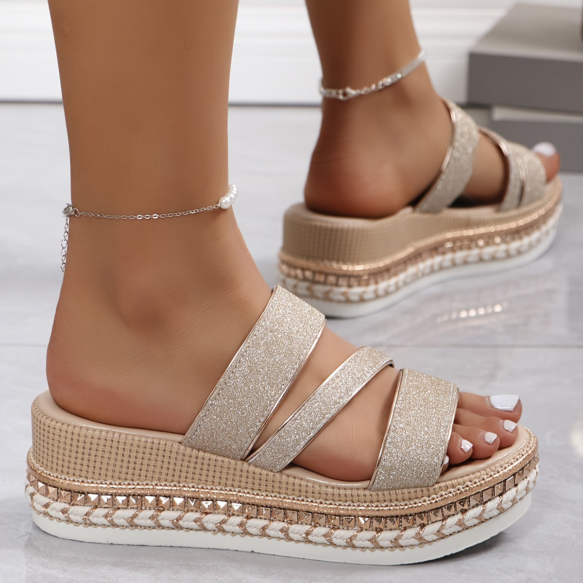 Tatum champagne sandals top view