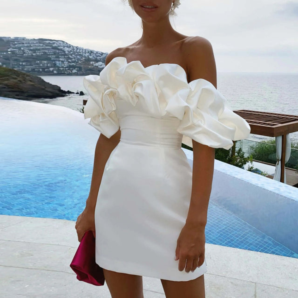 Roselle strapless ruffle mini dress front view