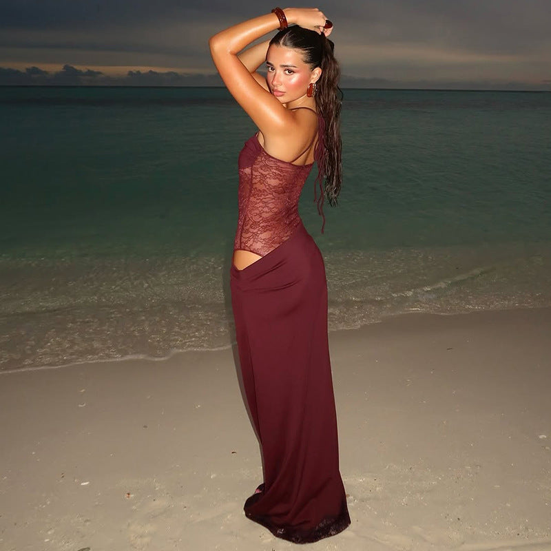 Sabella | Spaghetti Strap Lace Panel Bodycon Maxi Dress
