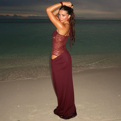 Sabella | Spaghetti Strap Lace Panel Bodycon Maxi Dress