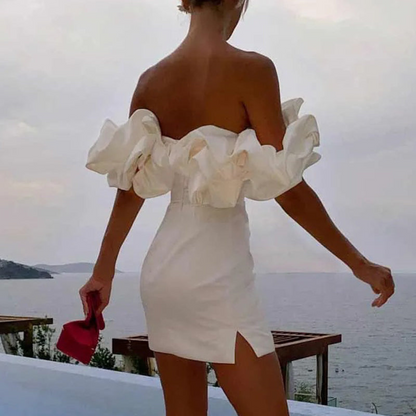 Roselle strapless white mini dress evening look