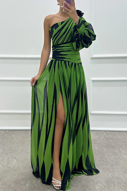Coraline | Striped One-Shoulder Asymmetric Maxi Wedding Guest Dress