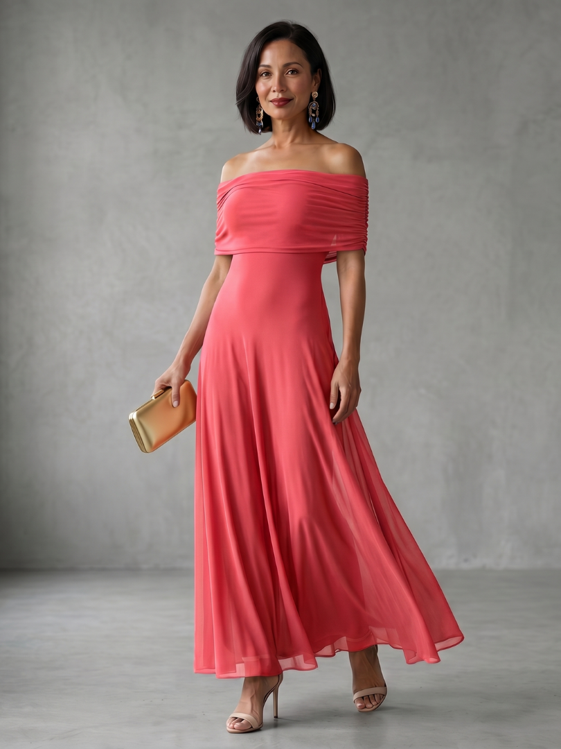Off-shoulder draped midi dress in red colourway