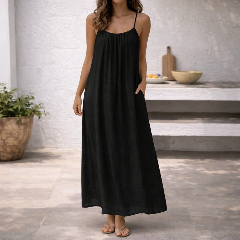 Lenoria | Linen Spaghetti Strap Maxi Sundress with Pockets