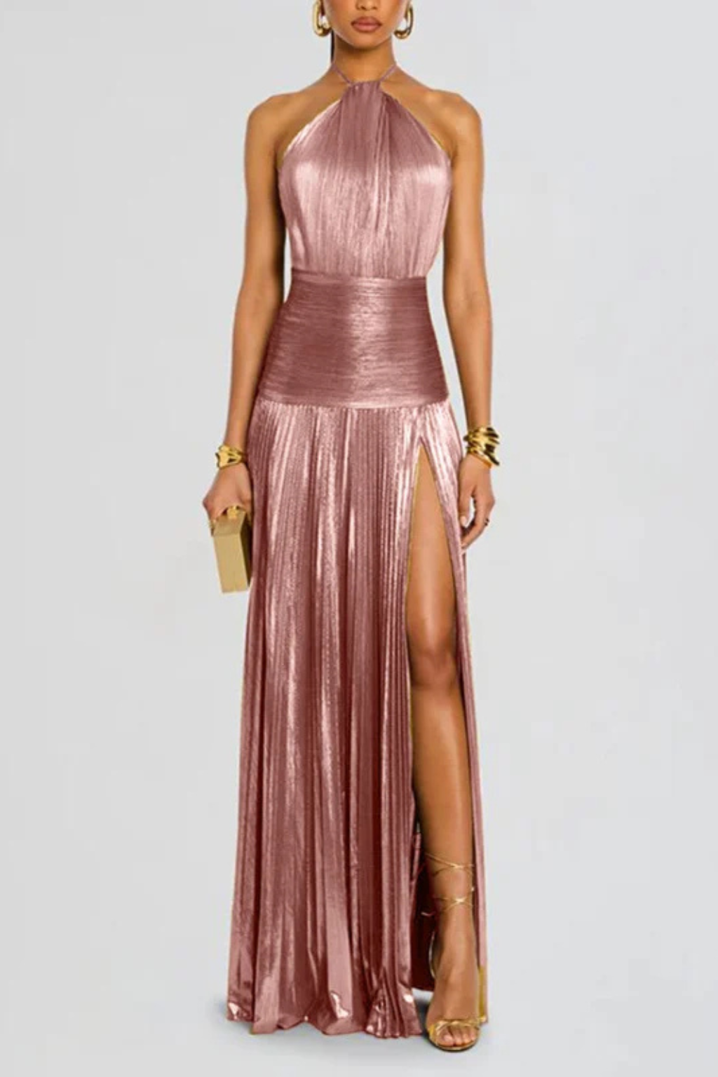 Harlow | Halter Pleated Satin Maxi Wedding Guest Dress