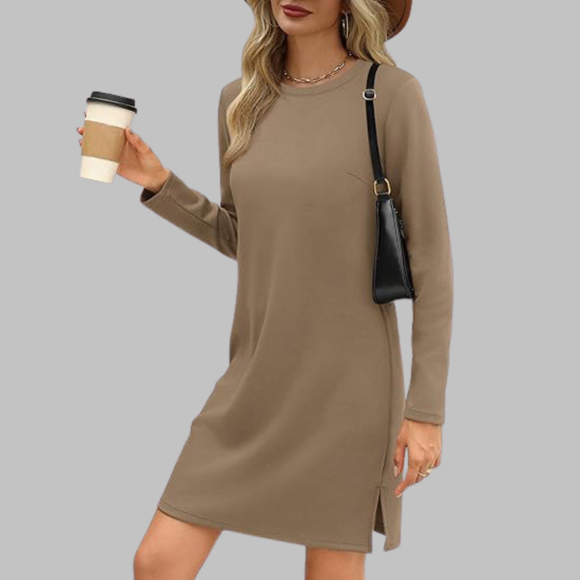 Long sleeve round neck dress back view