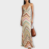 Herringbone knit maxi dress in white, front view