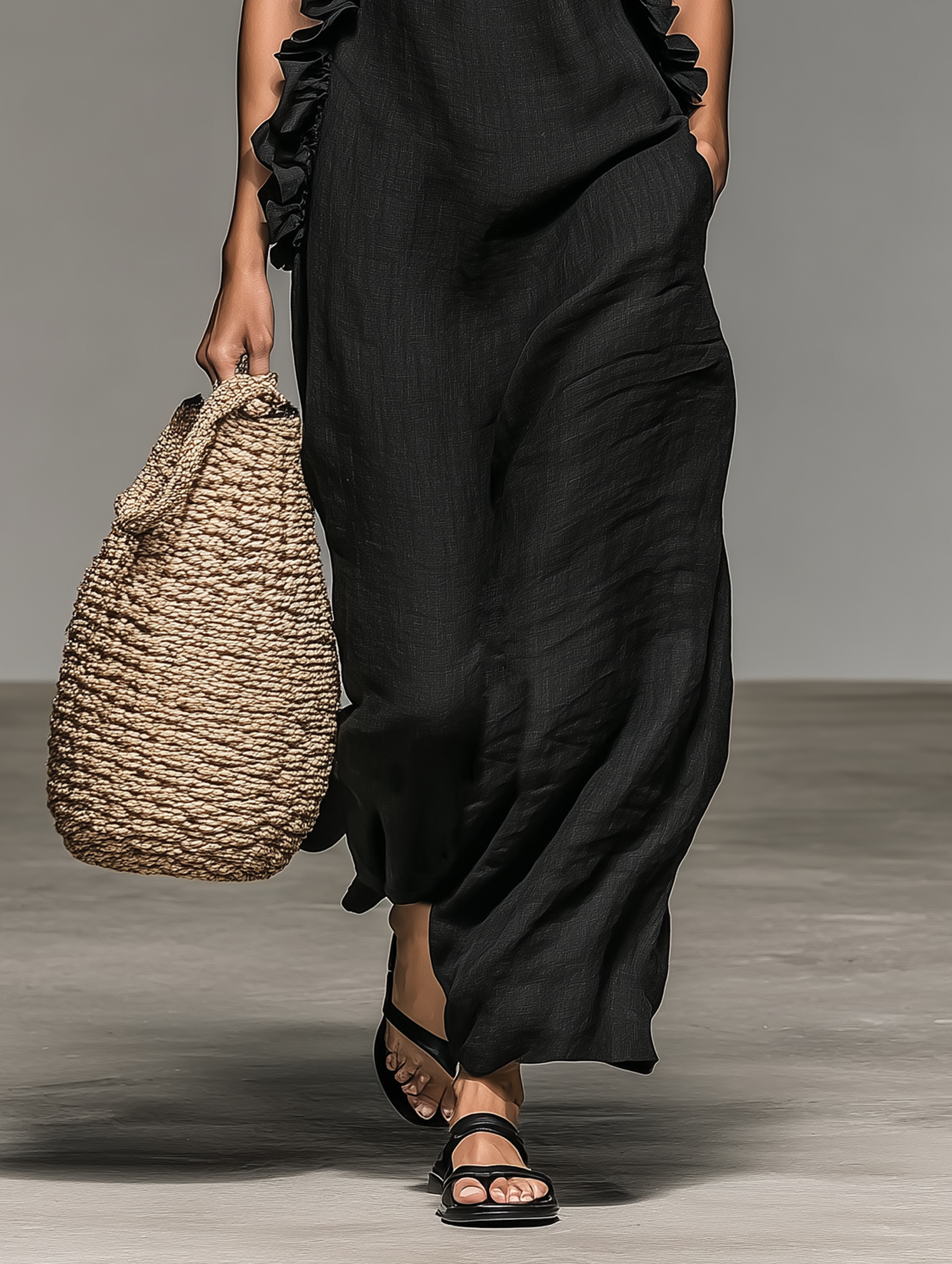 Linen ruffle sleeveless maxi dress, back view