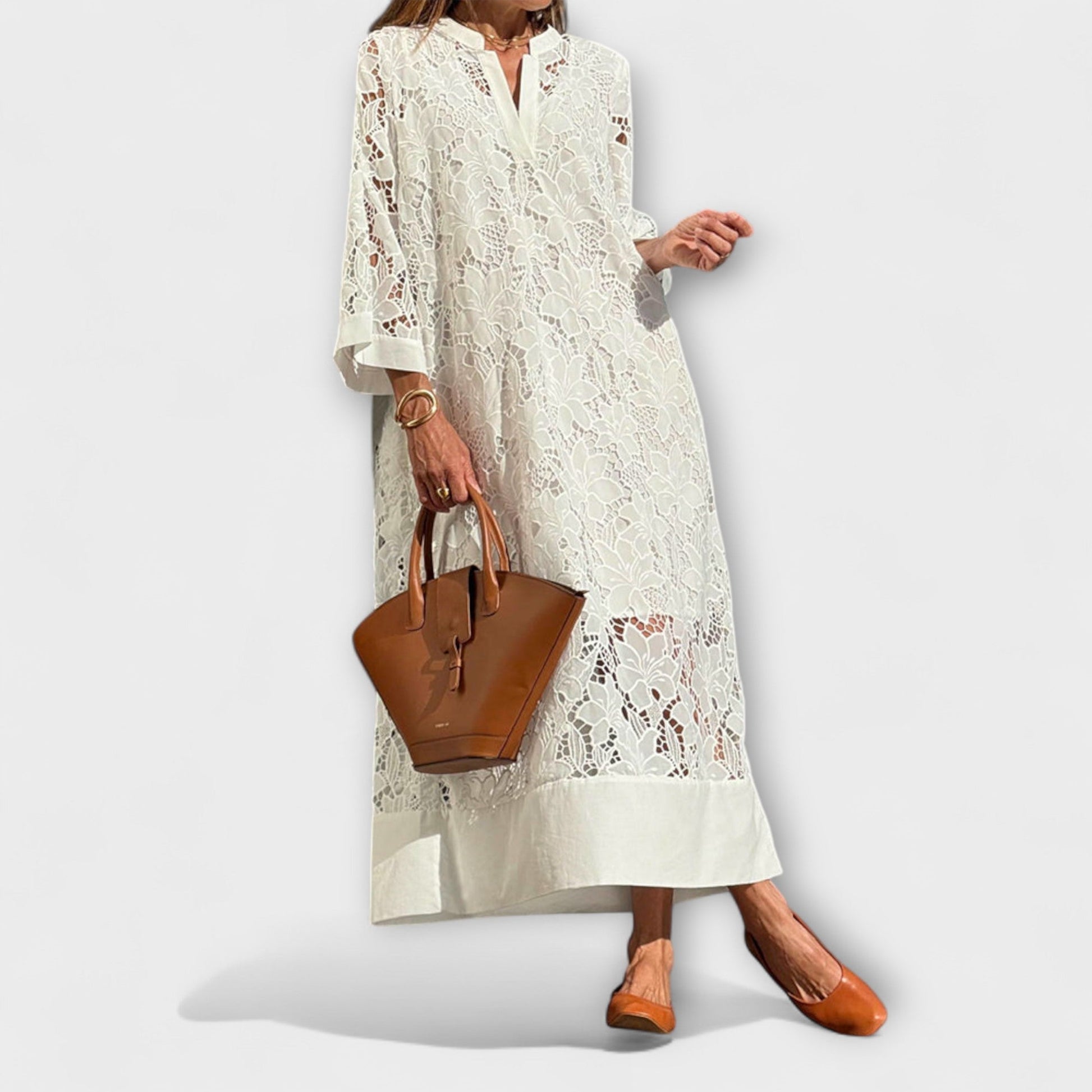 Abstract print midi dress in white, front view