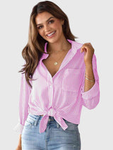 Striped collared shirt in pink, front view