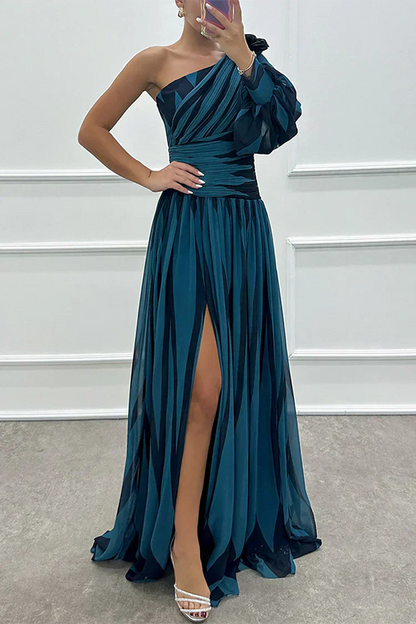 Coraline | Striped One-Shoulder Asymmetric Maxi Wedding Guest Dress