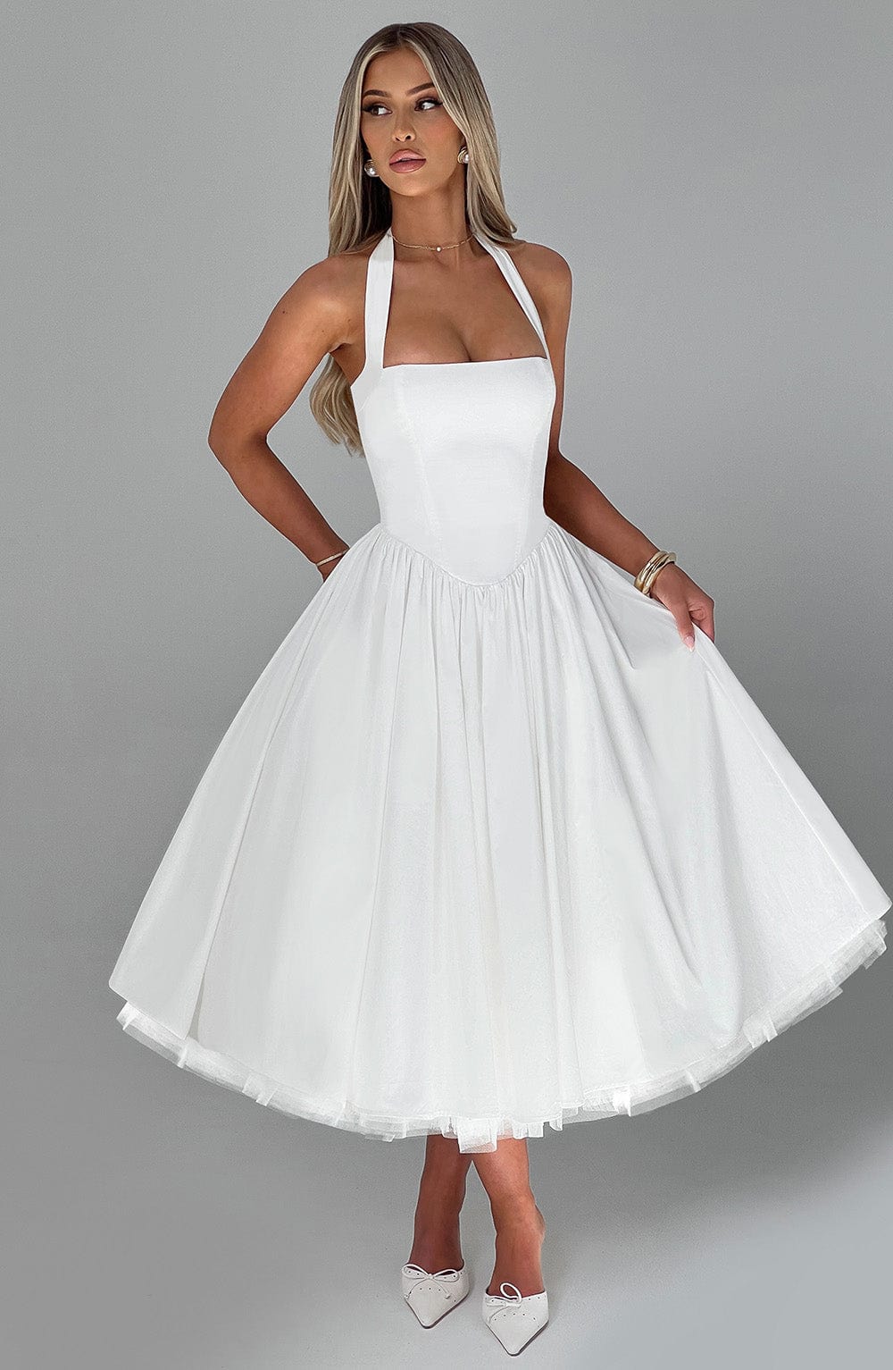 Halcyon | Halter Neck Open Back Midi Wedding Guest Dress