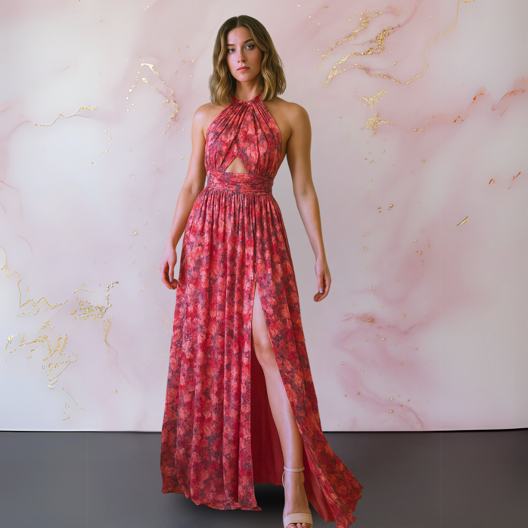 Halter cutout front-slit maxi dress in red, front view
