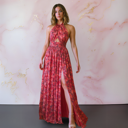 Halter cutout front-slit maxi dress in red, front view