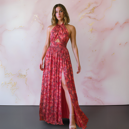 Halter cutout front-slit maxi dress in red, front view
