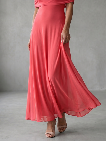 Off-shoulder draped midi dress, full-length view