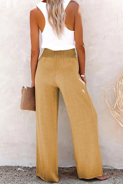 Katherine | High Waisted Smocked Wide Leg Trousers