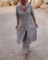Geometric print two-piece set in grey, front view