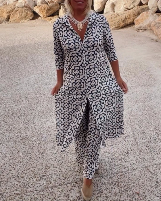 Geometric print two-piece set in grey, front view