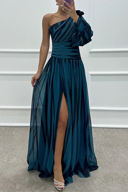 Coraline | Striped One-Shoulder Asymmetric Maxi Wedding Guest Dress