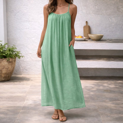Lenoria | Linen Spaghetti Strap Maxi Sundress with Pockets
