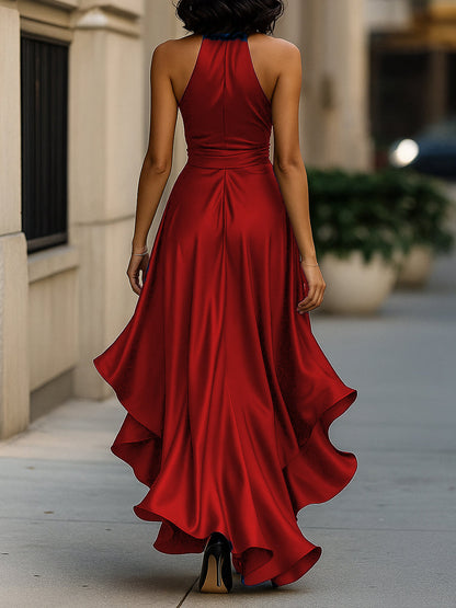 Satin halter high-low gown, final view