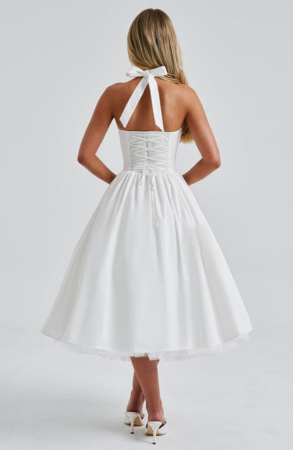 Halcyon | Halter Neck Open Back Midi Wedding Guest Dress