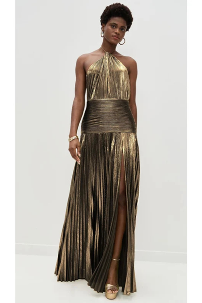 Harlow | Halter Pleated Satin Maxi Wedding Guest Dress