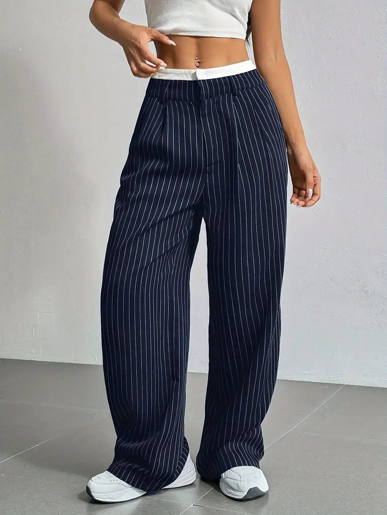 Marine blue striped wide-leg trousers, full-length view