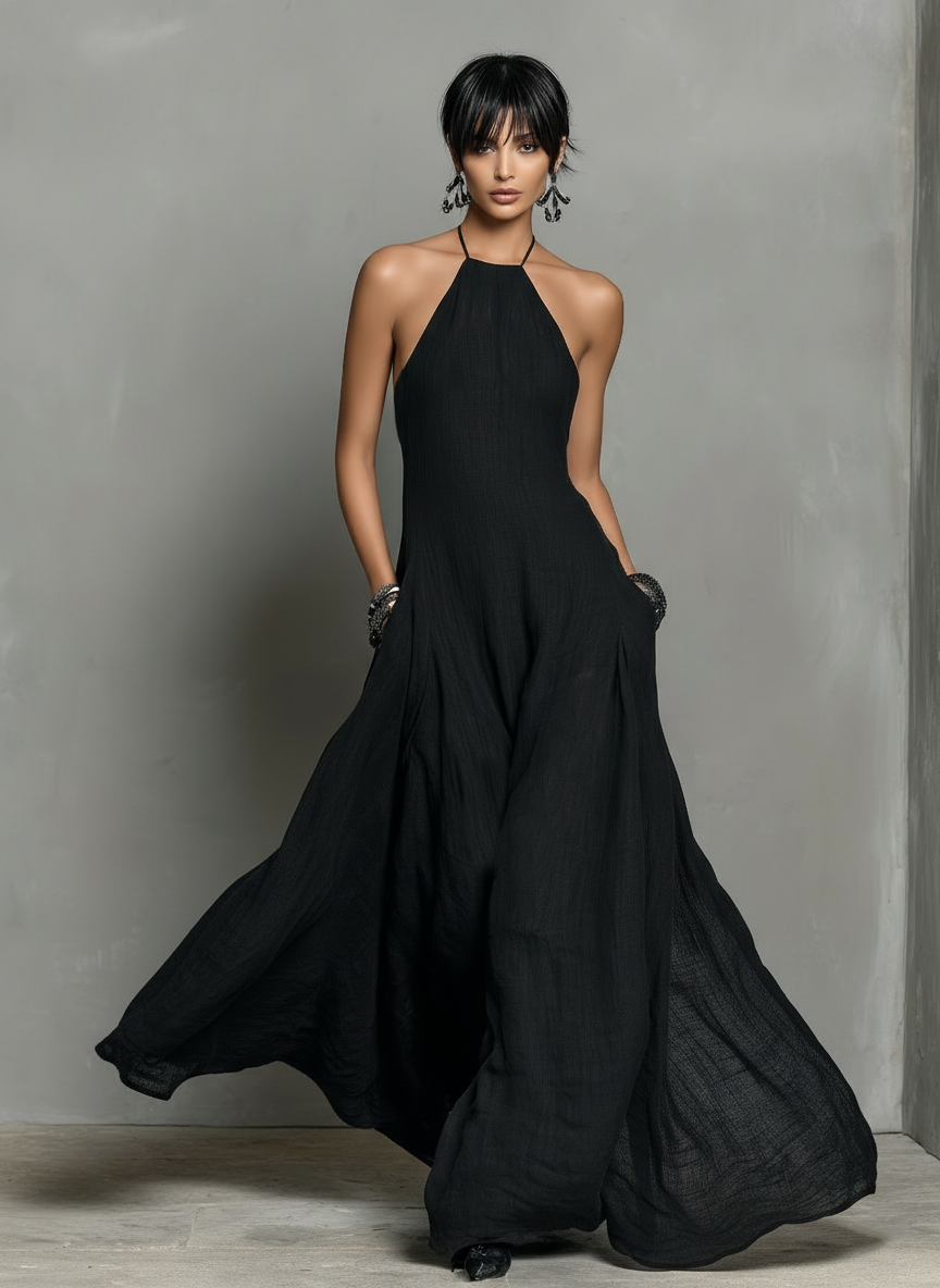 Sleeveless linen maxi dress detail