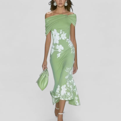 Virelle | Floral Off-Shoulder Midi Wedding Guest Dress