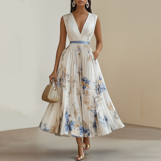 Florence | Floral Pleated V-Neck Wedding Guest Maxi Dress