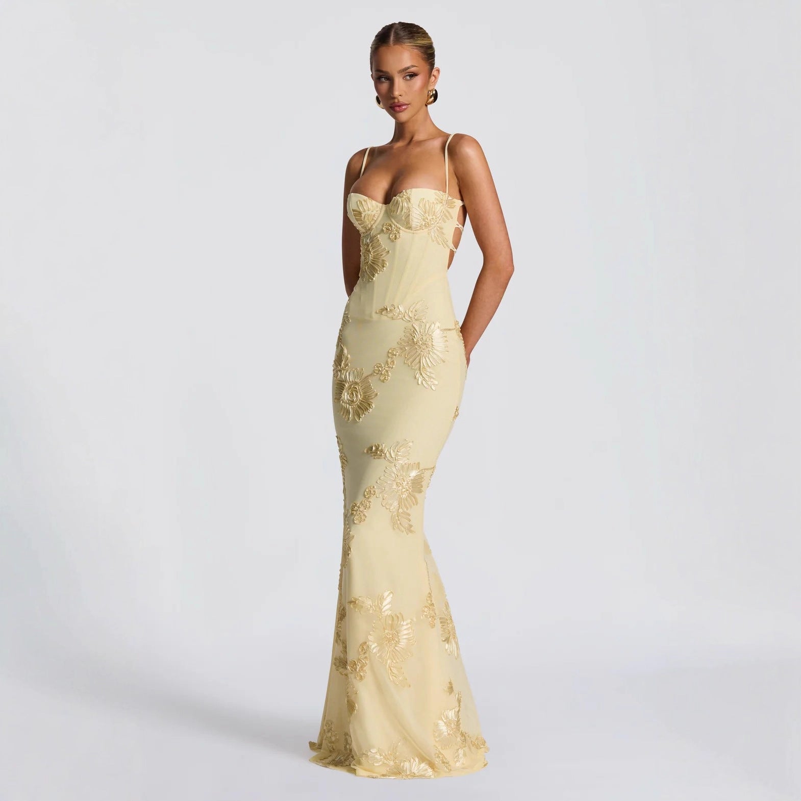 Floral mermaid maxi dress in yellow, front view